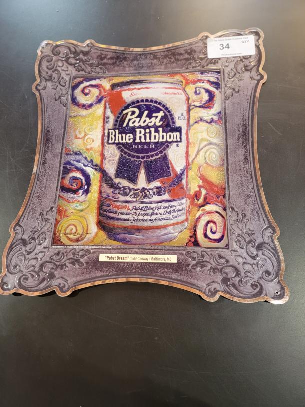 Rare "Pabst Dream" metal art sign by Todd Conway. Van Gogh-inspired design, ornate frame, durable metal. Perfect for PBR fans.