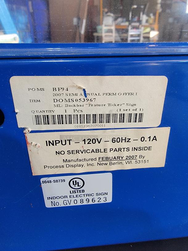 2007 Miller Lite LED "Feature Ticker" Sign. Static light working; ticker not functioning. Manufactured by Process Display Inc.