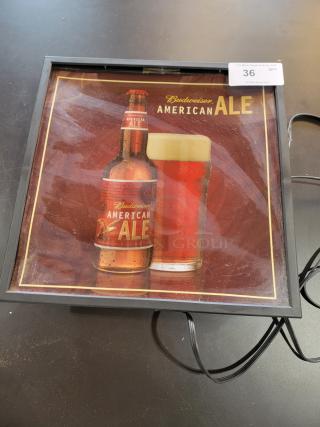 Rare Budweiser American Ale lighted sign, 2008, by Grimm Industries. Tested, working, vintage style, features amber hues.