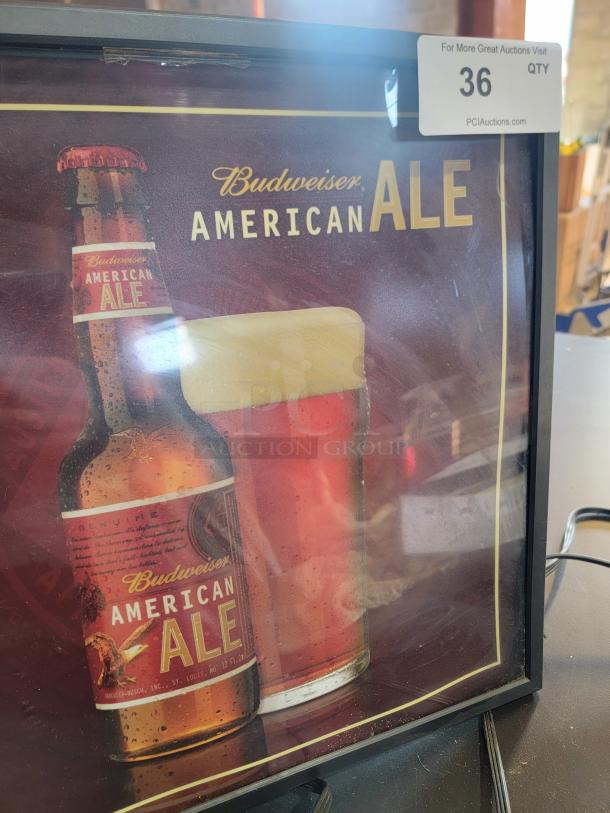 Rare Budweiser American Ale lighted sign by Grimm Industries, 2008. Tested and working, features amber hues, ideal for bars.