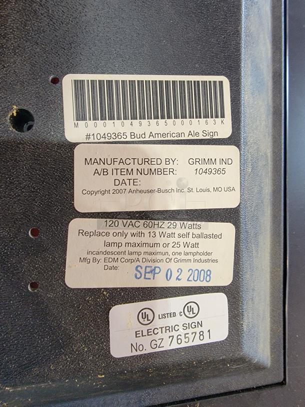 🍺 Rare Budweiser American Ale Lighted Sign by Grimm Industries, 2008. Tested, working, UL listed. Ideal for home bars.