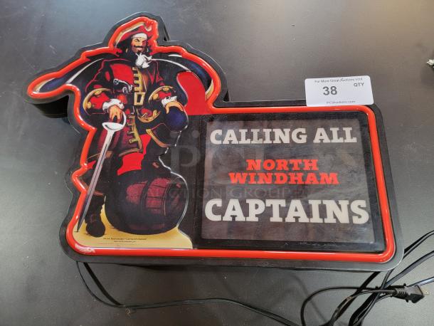 Captain Morgan LED neon sign, "North Windham" edition, vibrant red glow, excellent condition, commercial-grade backing, keyhole slots.