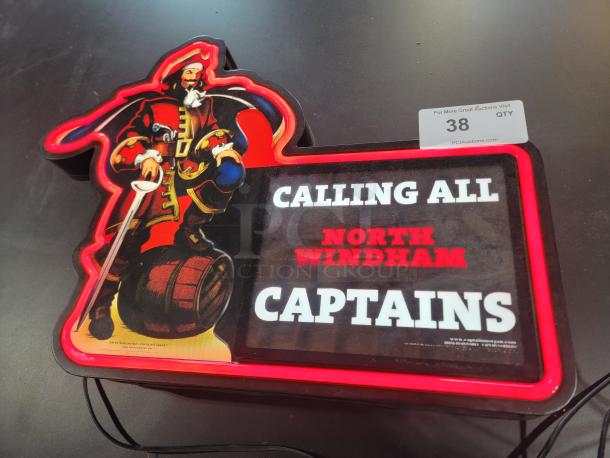 Captain Morgan "Calling All Captains" LED neon sign, North Windham edition, excellent condition, vibrant red glow, commercial-grade backing.