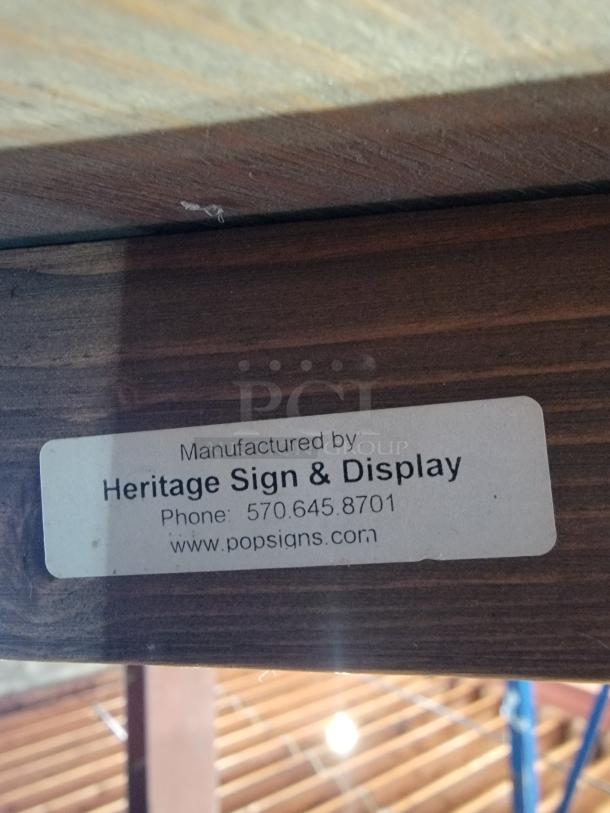 Samuel Adams Boston Brewery hanging wood sign, 24", double-sided shield, metal chains, rustic mount, by Heritage Sign & Display.