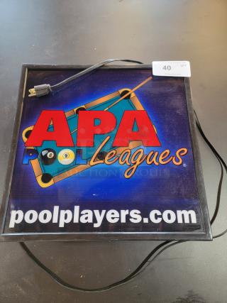 Double-sided APA Pool Leagues light box sign, working, vibrant graphics, features "Official Host Location" on reverse, cord attached.