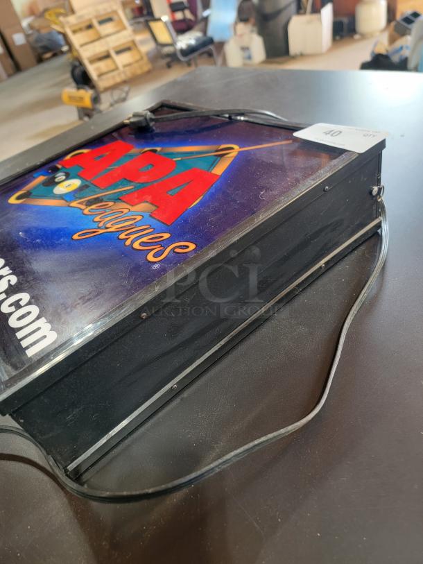 Double-sided APA Pool Leagues light box sign, features vibrant graphics and "Official Host Location" branding, in working condition.