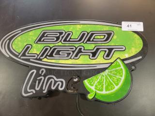 Bud Light Lime LED "Opti Neon" sign by Fallon, tested and working, featuring dual-switch for On/Off and Bright/Dim settings.