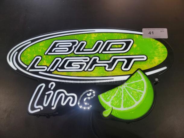Bud Light Lime LED "Opti Neon" sign by Fallon, green and white design, with dual-switch for On/Off and Bright/Dim settings.