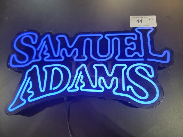 Samuel Adams LED neon sign, blue-lit, tested working, iconic script logo, by Enhance America, 2009, ready to hang.