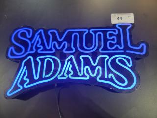 Samuel Adams LED neon sign, blue-lit, tested working, iconic script logo, by Enhance America, 2009, ready to hang.