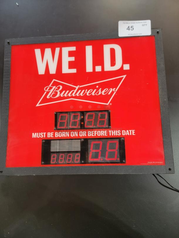 Budweiser LED "We I.D." digital sign by Neon Tech, features clock, age calculator, dimmer switch; excellent condition.