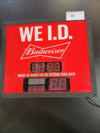 Budweiser LED "We I.D." digital sign by Neon Tech, features clock, age calculator, dimmer switch; excellent condition.