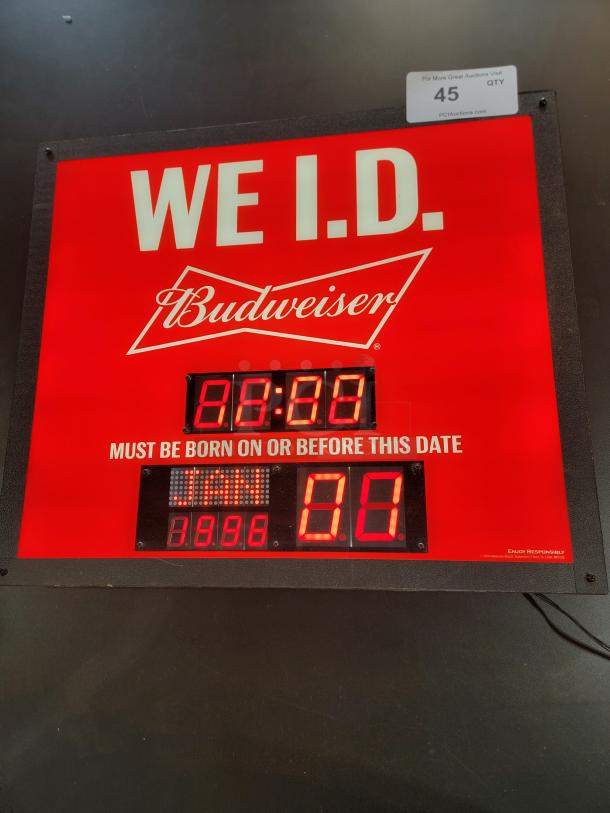 Budweiser LED "We I.D." digital sign with clock and date calculator. Excellent condition, dimmer switch, by Neon Tech.