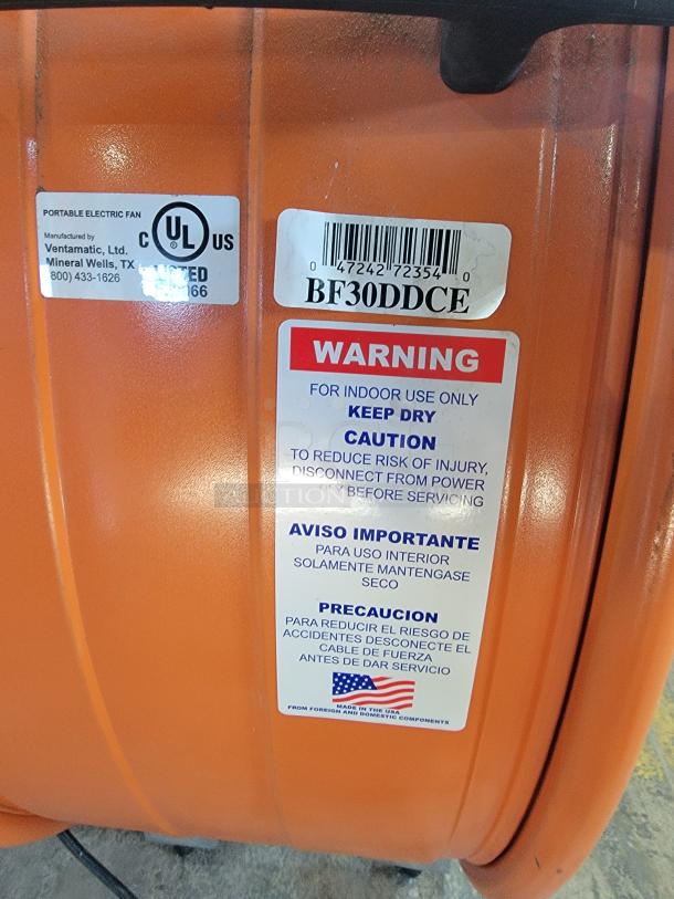 30" Command Electris E29066 commercial drum fan, orange steel housing, 2-speed, wheels, indoor use, great condition.