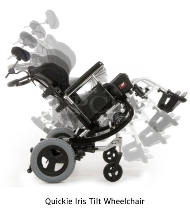 Premium Quickie IRIS wheelchair, featuring tilt-in-space mechanism, JAY backrest, cushion, elevating legrests, excellent condition.
