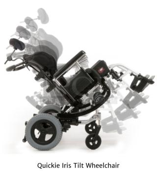 Premium Quickie IRIS wheelchair, featuring tilt-in-space mechanism, JAY backrest, cushion, elevating legrests, excellent condition.