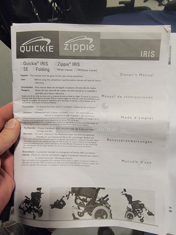 Owner's manual for Quickie IRIS and Zippie IRIS wheelchairs, detailing usage instructions in multiple languages.