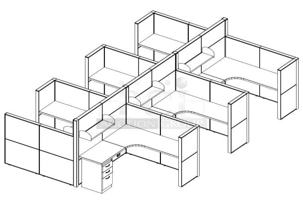 Set of 5 AIS Matrix 2023 modular cubicles, 6'x6', with glass tiles, height-adjustable tables, and white storage pedestals.