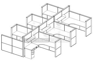 Set of 5 AIS Matrix 2023 modular cubicles, 6'x6', with glass tiles, height-adjustable tables, and white storage pedestals.