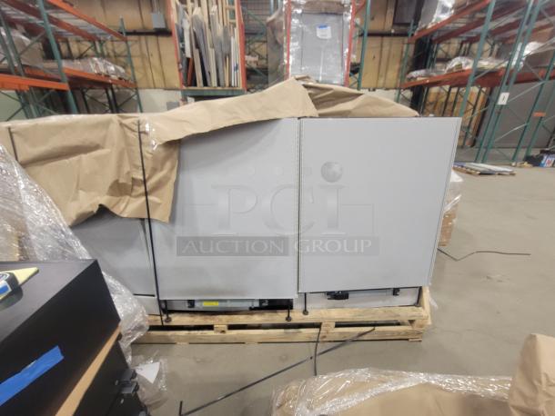 Set of 5 AIS Matrix Cubicles, 6'x6', 2023 model, with glass tiles and grey fabric panels. Includes motorized height-adjustable tables and lockable storage. Like new condition.