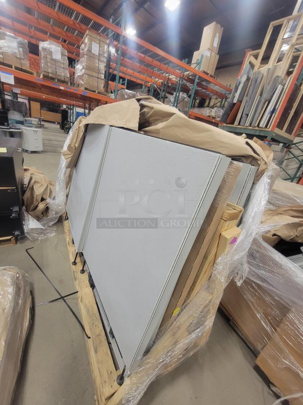 Set of 5 AIS Matrix cubicles in near-pristine condition, featuring glass tiles and grey fabric panels, stored on a pallet.