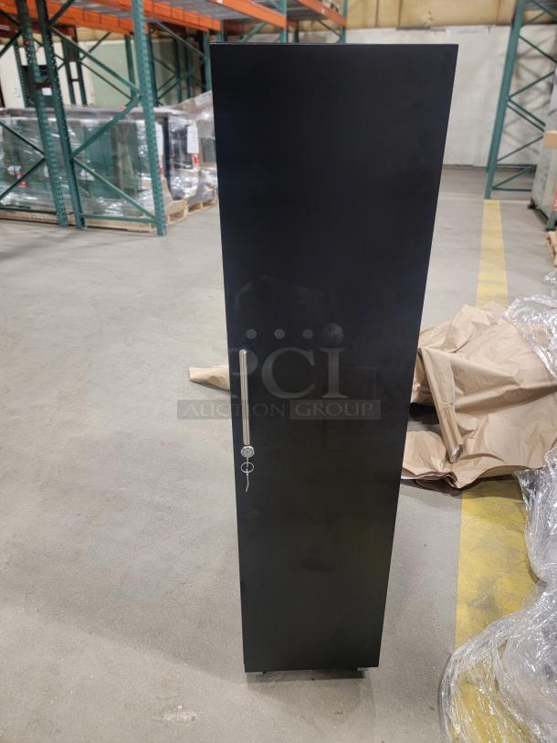 Set of 6 modern slim steel lockers, 12" wide, 24" deep. Locking with visible keys. Ideal for offices or gyms.