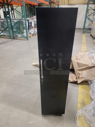 Set of 6 modern slim steel lockers, 12" wide, 24" deep. Locking with visible keys. Ideal for offices or gyms.