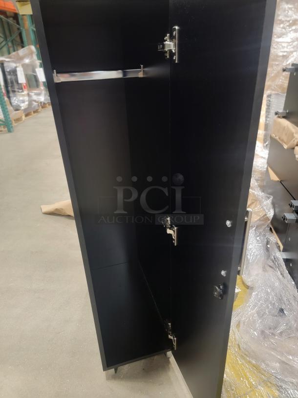 Set of 6 modern black steel office lockers, slim 12-inch profile, 24-inch depth, open door showing sturdy hinges and large storage space.