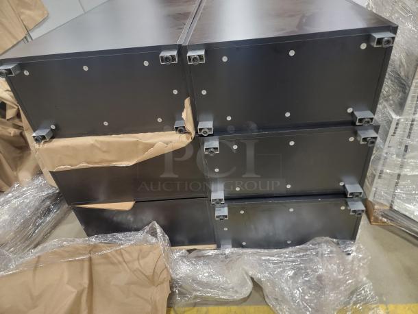 Set of 6 modern slim locking office lockers in heavy-duty steel, 12-inch profile, 24-inch depth, perfect for tight spaces.