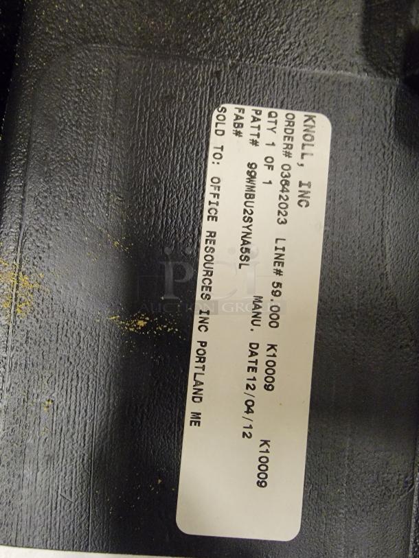 Knoll ReGeneration chair label, showing order #03642023, sold to Office Resources Inc, Portland, ME, manufactured 12/04/12.