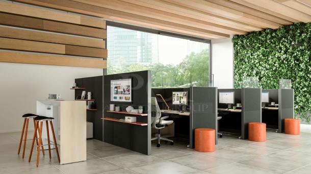 Steelcase privacy screens in modern office setup, featuring tackable acoustic fabric and aluminum mounting rail, measuring 58" x 27".