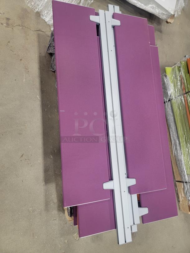 Bulk lot of 60 Steelcase 58"x27" purple privacy screens with acoustic fabric and aluminum mounting rails, ideal for offices.