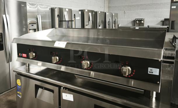 Brand new Cooking Performance Group GTU-CPG-48-L 48" chrome plated, liquid propane 4-burner countertop griddle, 120,000 BTU.