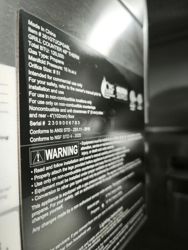 Brand new Cooking Performance Group Ultra Series 48" chrome-plated LP griddle, model 351gtucpg48l, 120,000 BTU, commercial use.