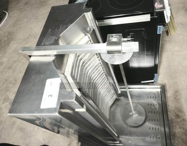 Brand new Visvardis DE4A 39" Electric Gyro Machine, 140 lb. capacity, stainless steel, pristine condition, model label visible.