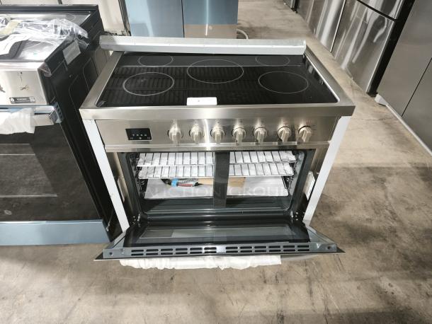 Brand new KoolMore 36-Inch Professional All-Electric Range, Model KM-FR36EE-SS, with stainless steel finish and five burners.