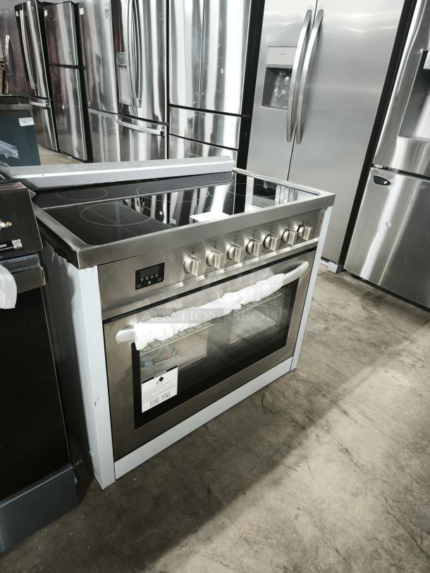 KoolMore 36-Inch Professional All-Electric Range, Model KM-FR36EE-SS, brand new, stainless steel, glass cooktop, control knobs.
