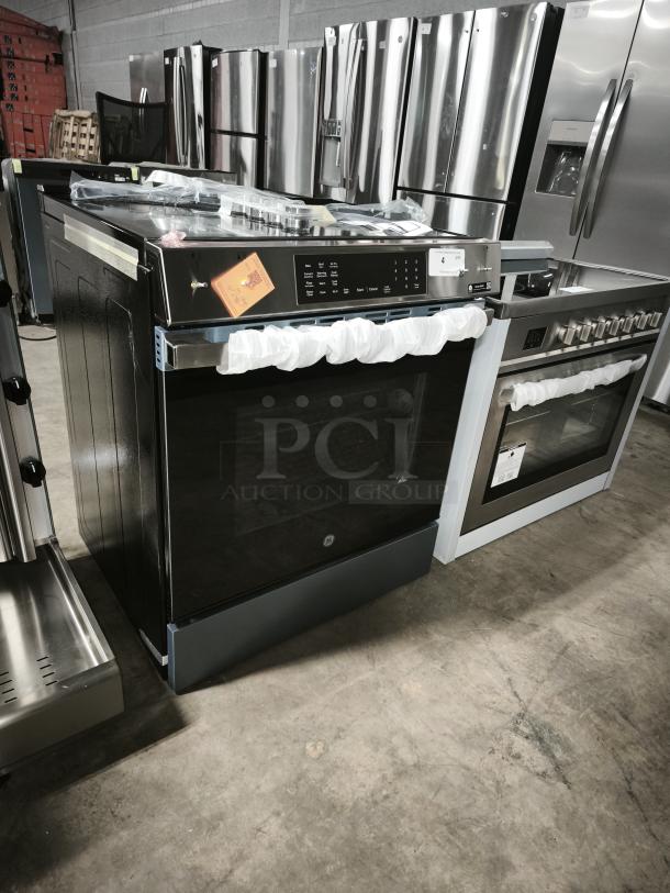 BRAND NEW GE® 30" Slide-In Electric Range, Model GRS600AVFS. Features No Preheat Air Fry, EasyWash™ Tray.