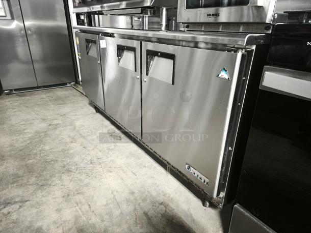 Brand new Everest ETBF3 undercounter freezer, 71 1/8" wide, 3 sections, 3 stainless steel doors, 115v, commercial use.
