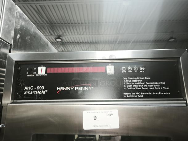 Brand new Henny Penny AHC-990 SmartHold heated holding cabinet, 240V/1ph, features on/off power, temperature display, caster wheels.