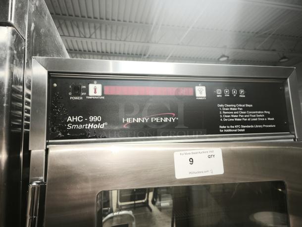 Brand new Henny Penny AHC-990 Smart Hold heated holding cabinet, 240v/1ph, on casters. Features control panel with temperature settings.