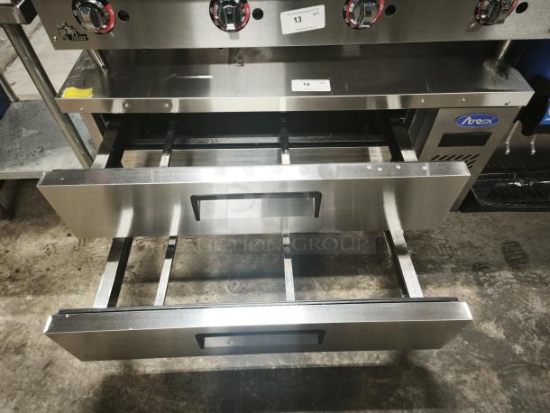 Brand new Atosa MGF8450GR 48-inch refrigerated chef base, 7.7 cu ft, ENERGY STAR®, stainless steel, open drawer view.