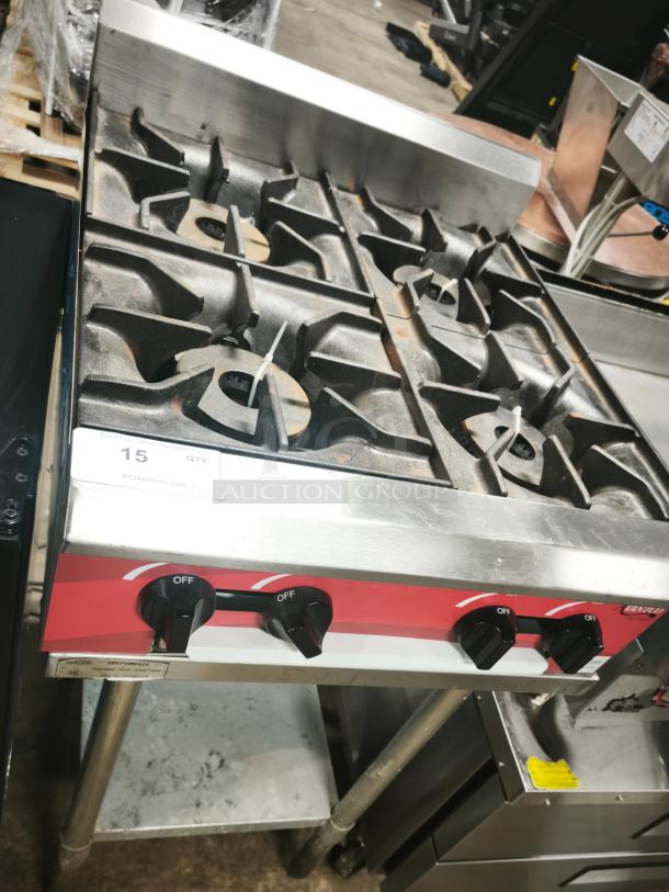 Brand new Avantco Chef Series 24" 4 Burner Gas Countertop Range, Model 177CAGR424, 100,000 BTU, stainless steel.