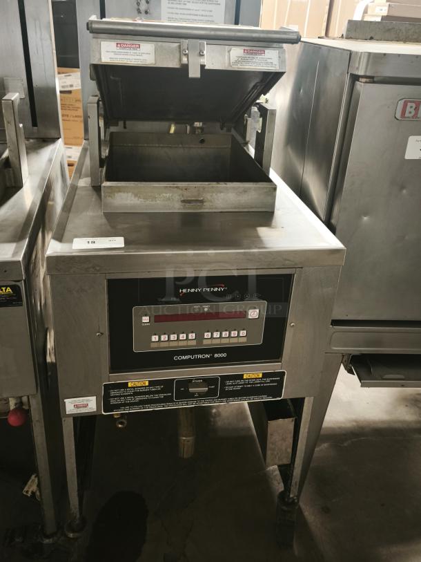 USED Henny Penny Computron 8000 Pressure Fryer, working condition, digital controls, stainless steel, safety labels visible.
