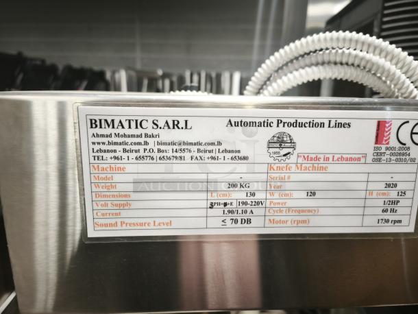 BRAND NEW BIMATIC S.AR.L Kunafet Machine for making Kunafa dough, 200 kg weight, 130x120x125 cm dimensions, 190-220V, 1/2HP.