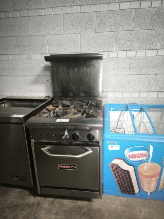 Tri-Star TSR-4 24" commercial gas range, 4 burners, 33,000 BTUs per burner, storage base, chrome plated rack, tested working.