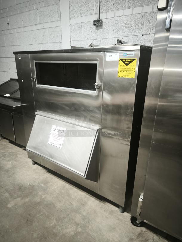 MGR Equipment SP-1650-SS ice storage bin, stainless steel, visible service labels, in good condition.