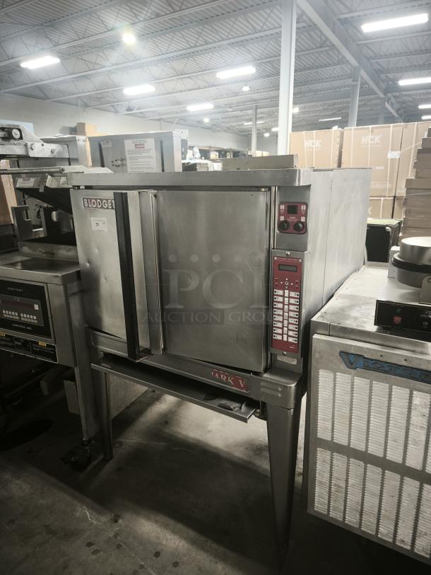 BLODGETT commercial electric convection oven, stainless steel, front control panel, with visible model and serial number tags.