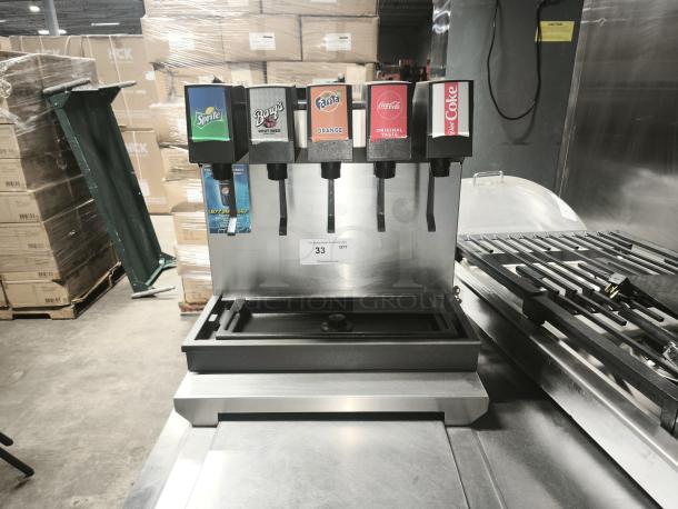 Lancer 41225 drop-in ice-cooled drink dispenser with 5 valves, 115V, visible drink labels, and stainless steel finish.