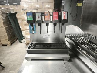 Lancer 41225 drop-in ice-cooled drink dispenser with 5 valves, 115V, visible drink labels, and stainless steel finish.
